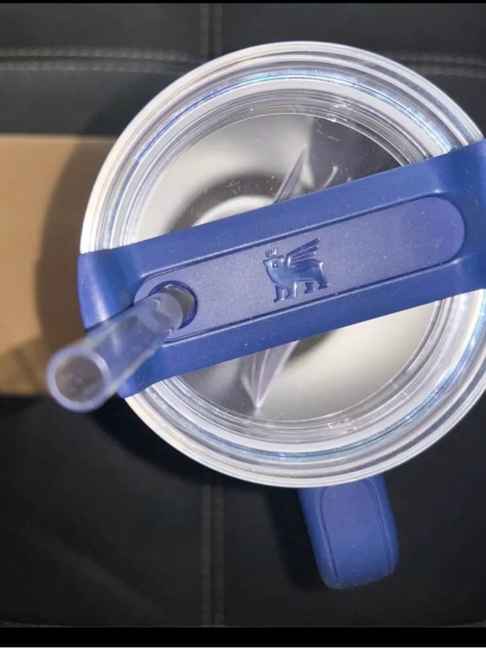 Stanley White Tumbler with Blue Handle and Multicolor Accents